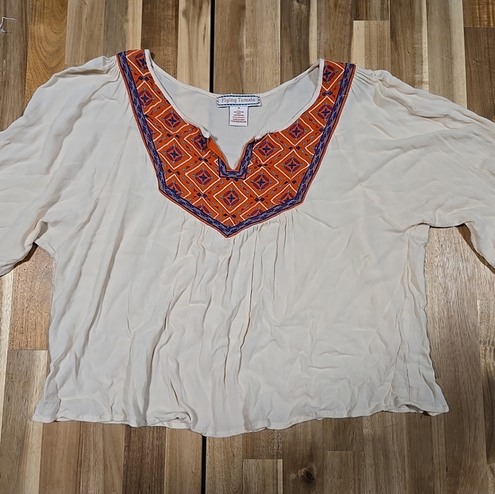 Flying Tomato Half Sleeve Copped Boho style Top Size Medium